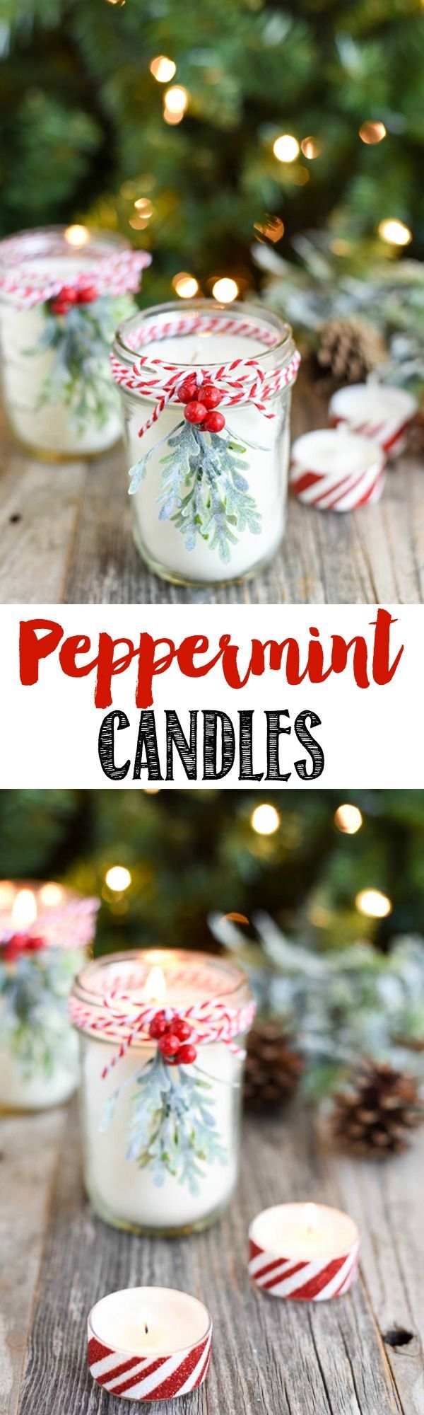 peppermint candles on a wooden table with christmas decorations in the background and text overlay that says peppermint candles