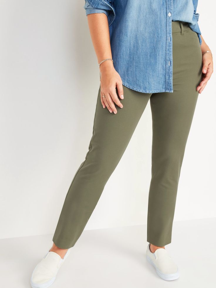 "The Pixie pants you love, now in a more flattering fit & fabric.  Double hook-and-bar closure and zip fly.  Diagonal on-seam pockets in front; decorative welt faux-pockets in back.  Smoothing pocket lining holds you in for a slimming effect.  Soft-w Alpine Tundra, Spring Teacher Outfits, Olive Pants, Fashion Goals, Pixie Pants, Tall Clothing, Teacher Outfits, Fashion Heels, Old Navy Women