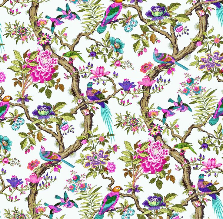 a white wallpaper with colorful birds and flowers on the tree branches in front of it