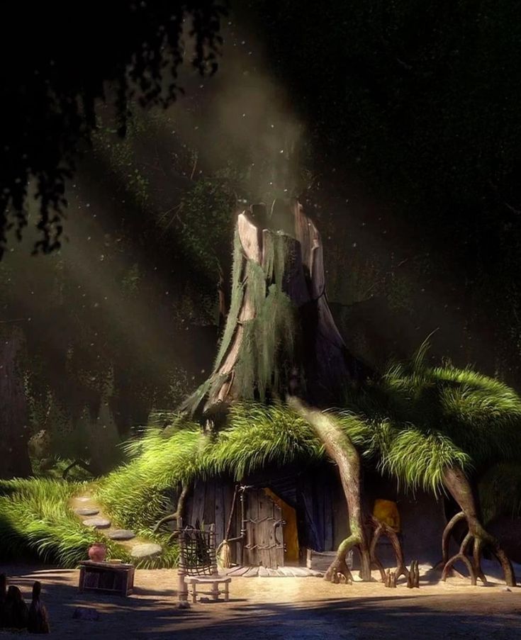 an animated image of a tree house in the woods with lights coming from behind it