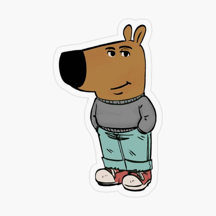 a sticker with a dog wearing a sweater and jeans on it's head