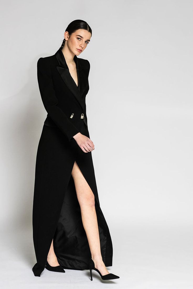 Her Trove - Coat style long sleeves dress Luxury Black Long Sleeve Evening Dress, Formal Long Dress For Winter, Long Winter Dress For Formal Occasions, Luxury Fall Gala Dresses, Long Sleeve Fall Evening Midi Dress, Fall Evening Midi Dress With Long Sleeves, Fall Long Sleeve Evening Midi Dress, Elegant V-neck Blazer Dress For Evening, Luxury V-neck Dresses For Fall