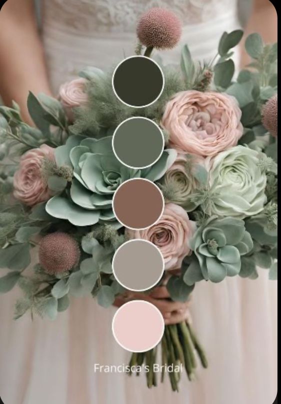 a bridal bouquet with pink roses, succulents and dusty green foliage