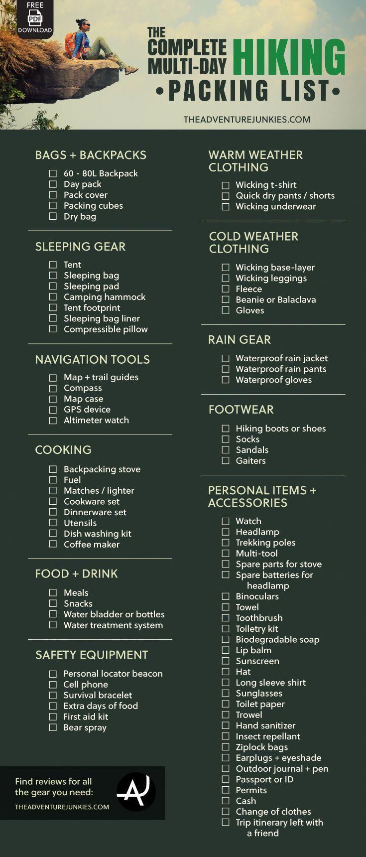 the complete hiking packing list is shown