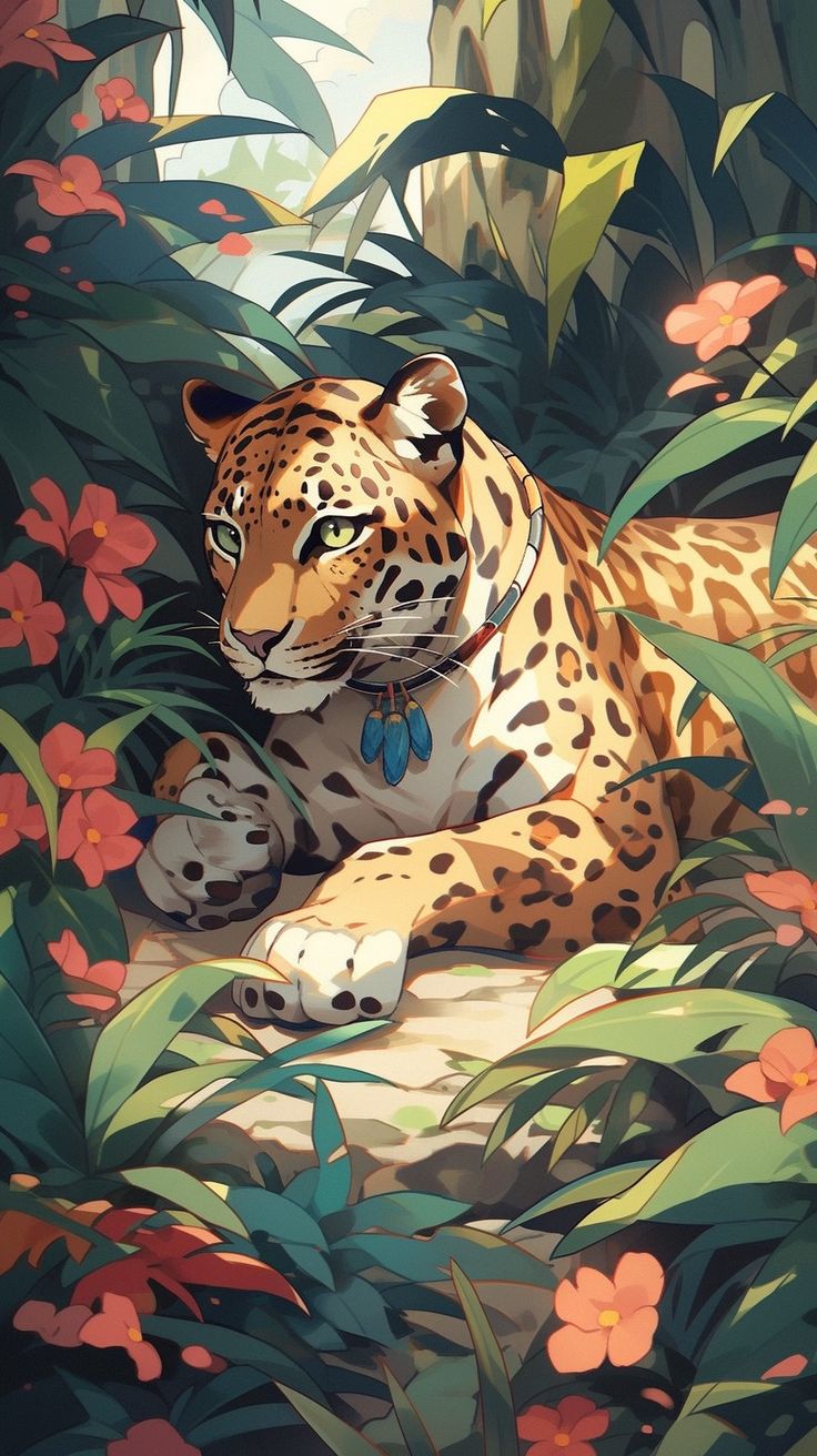 a painting of a leopard laying on the ground surrounded by plants and flowers with its eyes closed