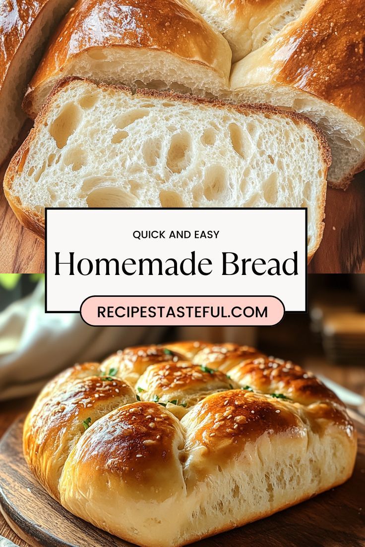 homemade bread with text overlay that reads quick and easy homemade bread