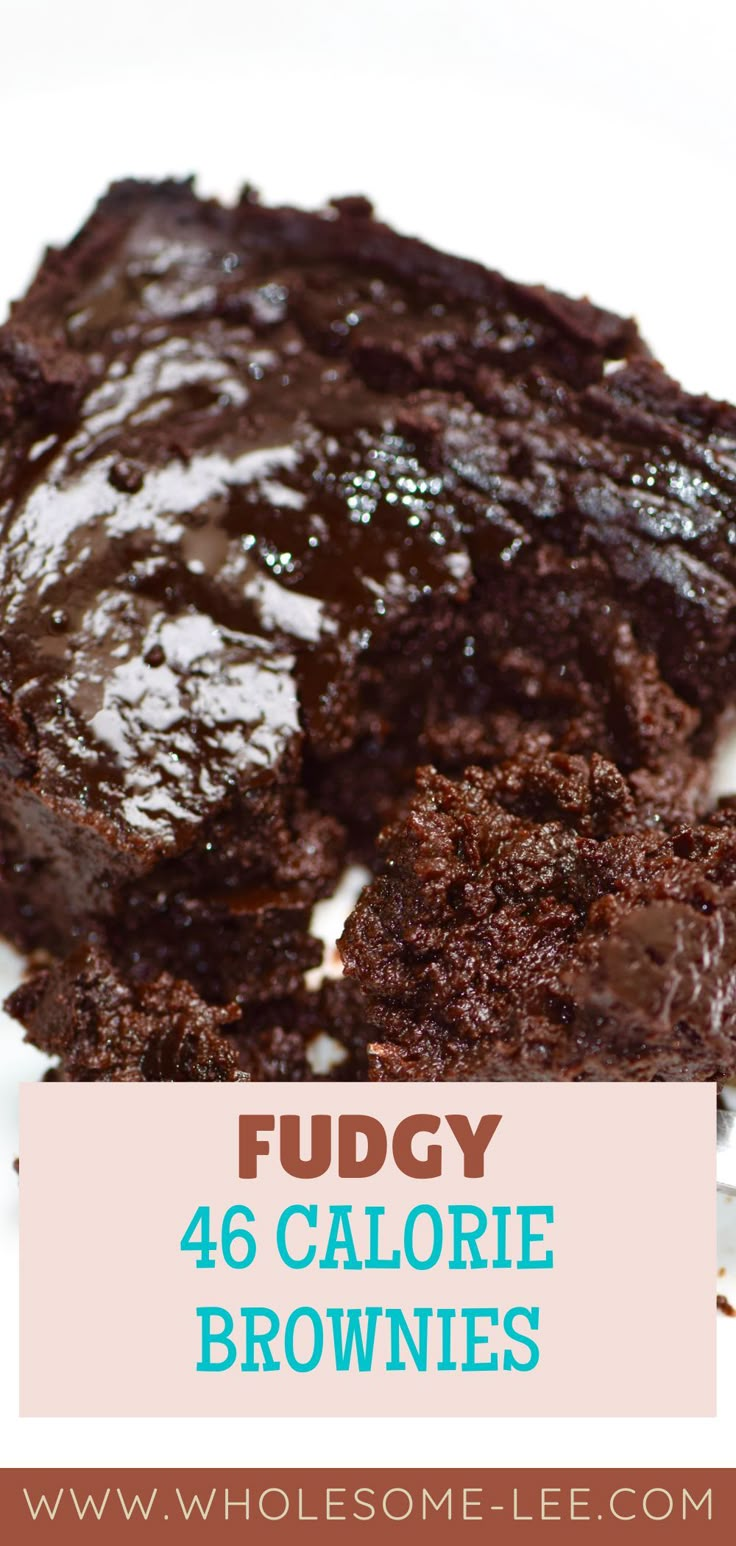 fudgy chocolate brownies on a plate with text overlay that says fudy 46 calorie brownies