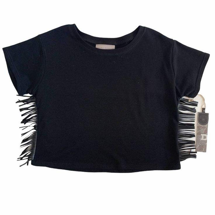 Double D Ranch Estella Fringe Sweatshirt Tee In Black Size Large New With Tags - Never Worn! Features: Short Sleeve, Light Sweatshirt Material, Fringe Up And Down Side Seams, Crew Neck. 100% Cotton, Dry Clean Only. Very Rare - Can't Find Online! Approx 24" Pit To Pit 22" Length Tags: Dd, Double D Ranch, Sweatshirt, Tee, Top, Blouse, Dark, Western, Country, Cowgirl, Rodeo, Nfr, Vegas, Rodeo Ready, Yoakum, Women's, Ladies, Girls, Casual, Work, Business, Fringy, Boho, Bohemian Black Cropped Short Sleeve Top For Summer, Trendy Black Top With Fringe, Trendy Black Fringe Top, Black Cropped Edgy Tops, Casual Black Cropped Short Sleeve Top, Black Cropped Relaxed Fit Top, Black Cropped Top With Relaxed Fit, Casual Black Fringe Tops, Trendy Short Sleeve T-shirt With Fringe