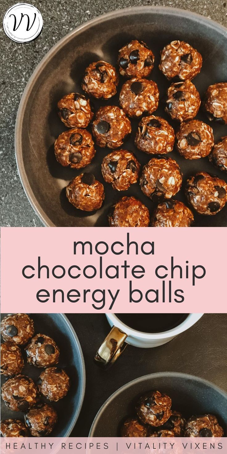 mocha chocolate chip energy balls in a bowl with text overlay that reads mocha chocolate chip energy balls