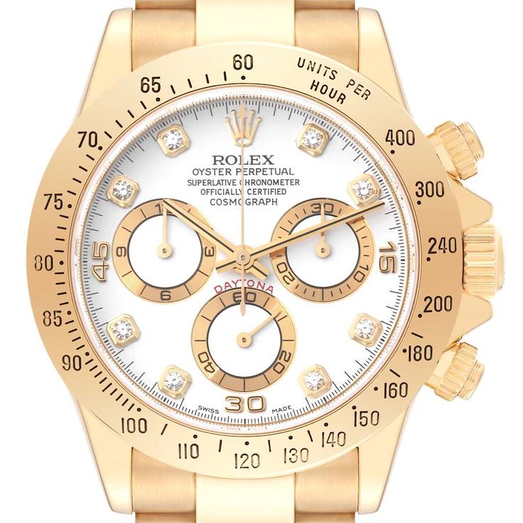 Rolex Daytona Yellow Gold White Diamond Dial Mens Watch 116528 Box Papers. Officially certified chronometer self-winding movement. Rhodium-plated, oeil-de-perdrix decoration, straight line lever escapement, monometallic balance adjusted to 5 positions, shock absorber, self-compensating free sprung Breguet balance spring, Microstella regulating screws, hack mechanism. 18K yellow gold case 40.0 mm in diameter. Special screw-down push buttons. Triplock winding crown protected by the crown guards. 18K yellow gold tachymeter engraved bezel. Scratch resistant sapphire crystal. White dial with original Rolex factory diamond hour markers. Outer 1/5th seconds track. Gold outlined subsidiary dials -- small seconds, 12-hours, and 30-minute registers. Luminous yellow gold and black baton hands. 18K ye Gold Watch Men, Rolex Models, Crystal White, Rolex Daytona, Paper Models, Gold Case, White Dial, Shock Absorber, Men's Watch