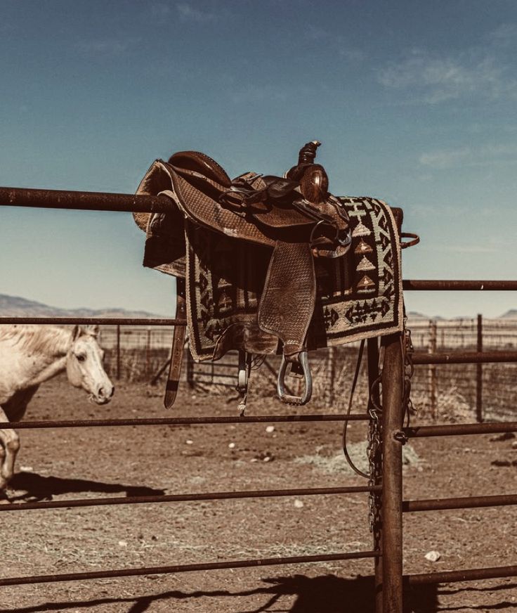 a horse standing next to a fence with a saddle hanging on it's back