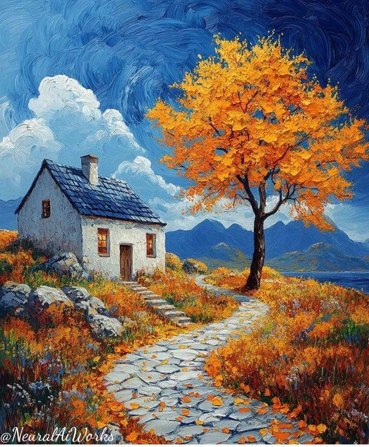 a painting of a house on a hill with a tree in the foreground and a path leading to it