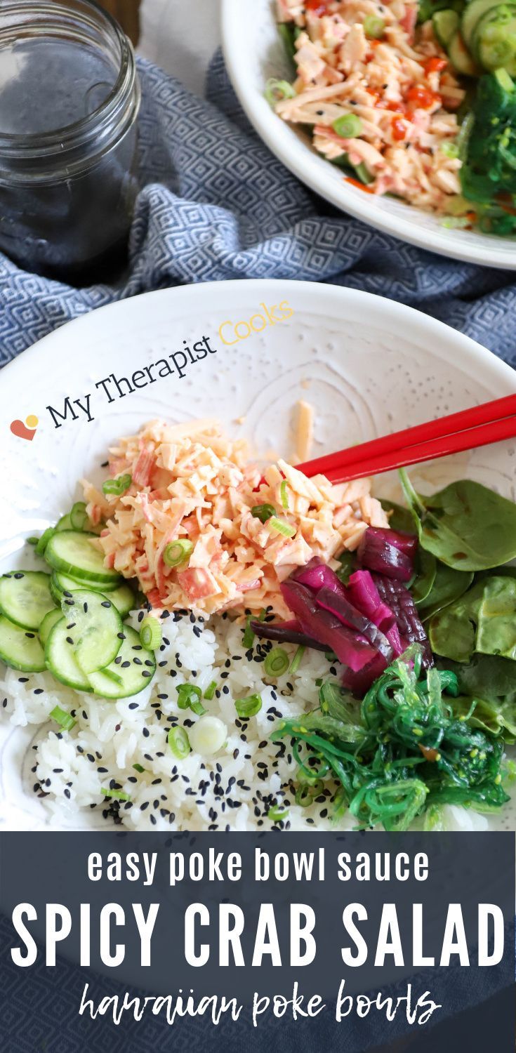 two plates filled with different types of food on top of a blue table cloth and text overlay that reads, my therapy cook easy poke bowl sauce spicy crab salad