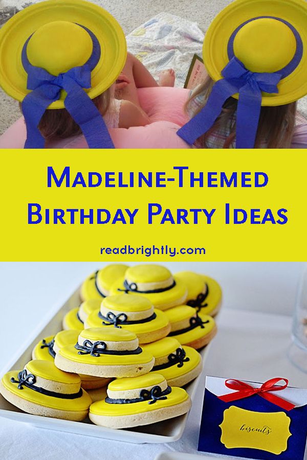 a birthday party with yellow and blue decorated desserts, hats and candy on the table