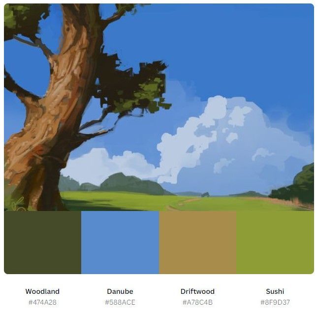 the color scheme for an animated landscape is blue, green, and brown with white clouds