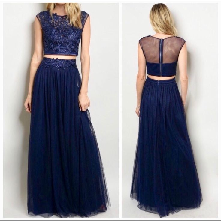 Brand New Formal Navy Two Piece Dress Navy Tulle Two-Piece Set With A Crop Top Piece And A Long Flowy Skirt With An Elastic Waist 100% Polyester Can Be Used For Prom, Winter Formal, Semi Formal, A Wedding Guest, Hoco, Or Military Ball *Colors May Vary Slightly From Screen *Not Jovani, Not Sherri Hill L’ace Royal Blue Mesh Two Piece Dress Two Piece Formal Dress, Dress For Homecoming, Two Piece Formal Dresses, Long Flowy Skirt, Navy Blue Maxi Dress, Blue Maxi Dress, Two Piece Homecoming Dress, Semi Formal Dress, Military Ball