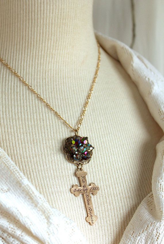 Nun's cross Assemblage Necklace reproduction vintage Spiritual Crucifix Necklace For Memorial, Antique Pendant Cross Necklace As Gift, Antique Nickel-free Cross Pendant Jewelry, Antique Cross Pendant Necklace For Gift, Antique Cross Pendant Necklace As Gift, Spiritual Crucifix Cross Necklace For Jewelry Making, Handmade Vintage Style Cross Necklace As Gift, Handmade Vintage Cross Necklace As Gift, Handmade Vintage Cross Necklace For Gift