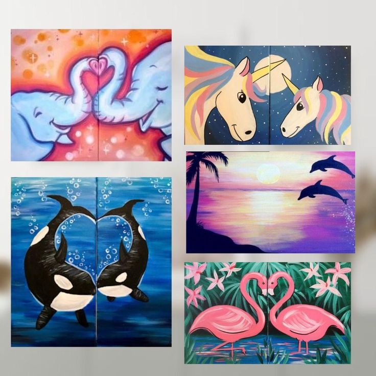 four different paintings with flamingos, dolphins, and seagulls in the background