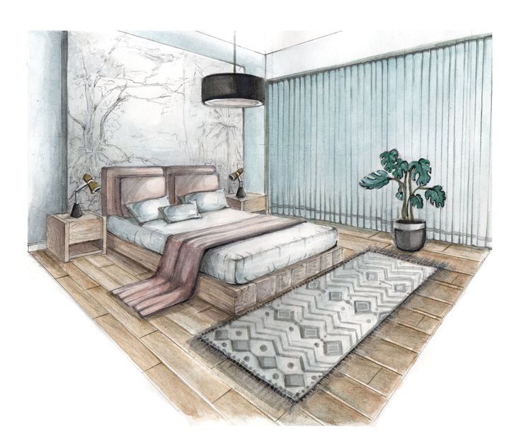 a drawing of a bedroom with a bed, rug and potted plant on the floor