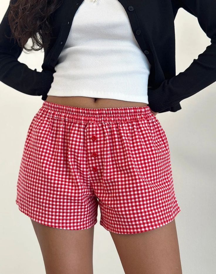 Red Gingham Laboxe Short — Prism Boutique Affordable Red Summer Shorts, Red Summer Bottoms For Picnic, Red Bottoms For Summer Picnic, Cotton Gingham Pajama Shorts With Elastic Waistband, Red Spring Bottoms For Picnic, Red Bottoms For Spring Picnic, Cotton Gingham Shorts For Loungewear, Red Pajama Shorts With Elastic Waistband, Gingham Shorts With Elastic Waistband