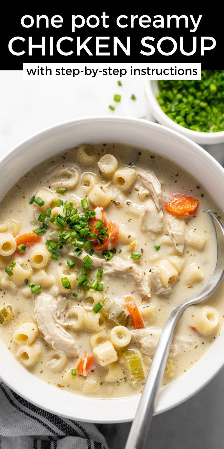 a white bowl filled with chicken noodle soup