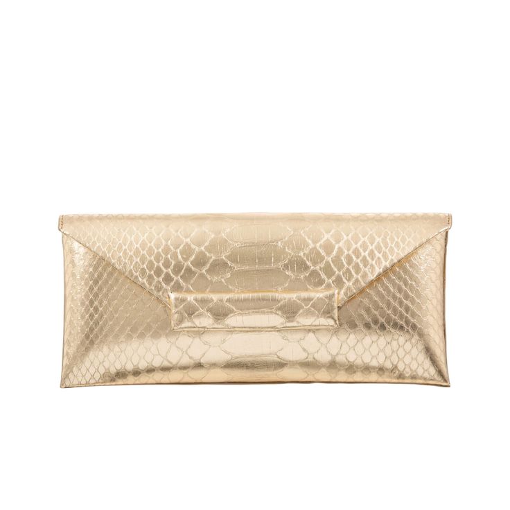 Nile Clutch in Metallic Gold Python by Cape Cobra Envelope clutch with decorative flap detail. Includes detachable underarm chain. Interior: leather and goat suede lining with pockets. Dimensions: Height 5.1 inch | Length 11.2 inch | Width 0.4 inch Not your color? Enquire at team@supportherstory.com Luxury Envelope Clutch With Magnetic Closure, Luxury Envelope Clutch With Gold-tone Hardware, Luxury Evening Bag With Fold Over Clasp For Party, Luxury Envelope Clutch For Formal Occasions, Elegant Envelope Evening Bag With Removable Pouch, Envelope Evening Bag With Magnetic Closure, Luxury Envelope Evening Bag For Formal Occasions, Formal Envelope Evening Bag With Magnetic Closure, Elegant Magnetic Closure Envelope Evening Bag