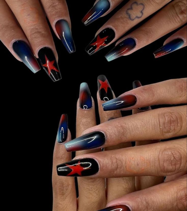 Blue Red And Black Acrylic Nails, Red Black And Blue Nails, Black Red And Blue Nails, Red And Blue Aura Nails, Red And Blue Nails Acrylic, Blue And Red Nails Designs, Blue Nails Outfit, Red And Blue Nails Design, Navy Blue Nails Y2k