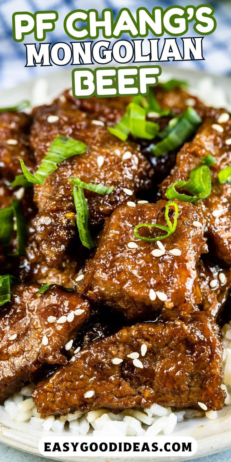 beef and rice on a plate with the words pf change's mongolian beef