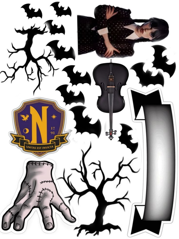 various halloween stickers with bats, trees and hand holding a violin in front of it