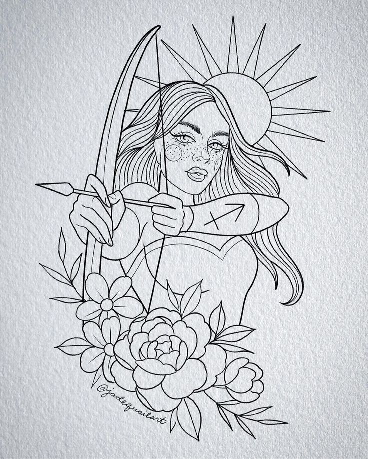 a drawing of a girl with a bow and arrow in her hand, holding flowers