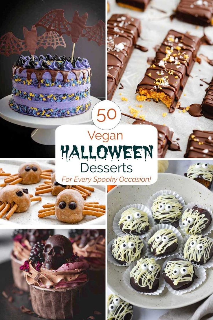 a collage of halloween desserts including cookies, cake and candy bars with spooky decorations