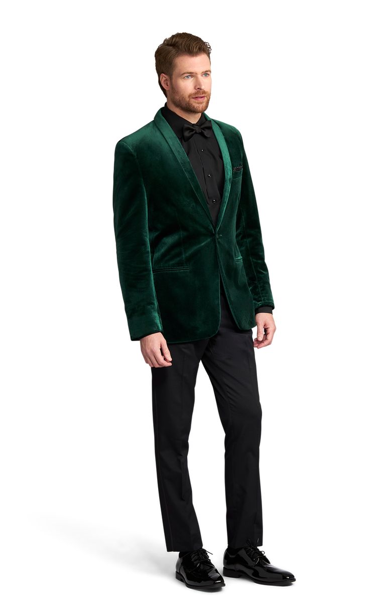 A slim emerald green tuxedo coat with one button and a shawl lapel. Green Suit Collar Outerwear For Parties, Green Long Sleeve Tuxedo For Wedding, Green Single Breasted Suit For Party, Winter Wedding Blazer With Shawl Collar, Green Business Suit For Fall, Winter Wedding Shawl Collar Blazer, Green Blazer For Semi-formal Fall Events, Green Semi-formal Blazer For Fall, Green Blazer For Semi-formal Fall Occasion