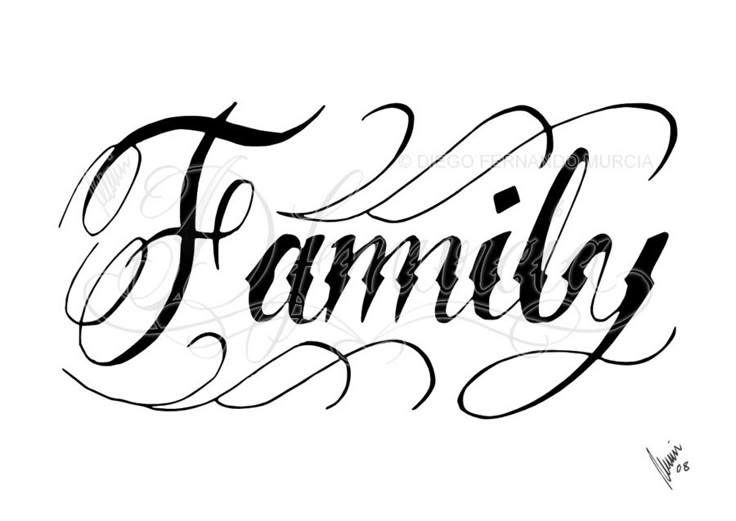 the word family written in cursive calligraphy with black ink on a white background