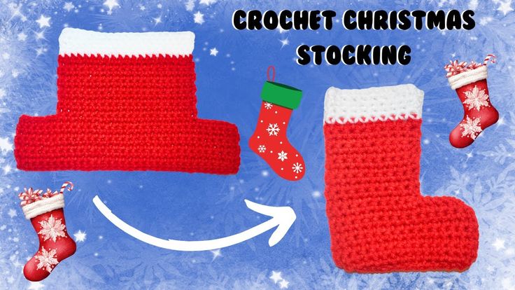 crochet christmas stockings and stocking with snowflakes on blue background, text reads crochet christmas stockings