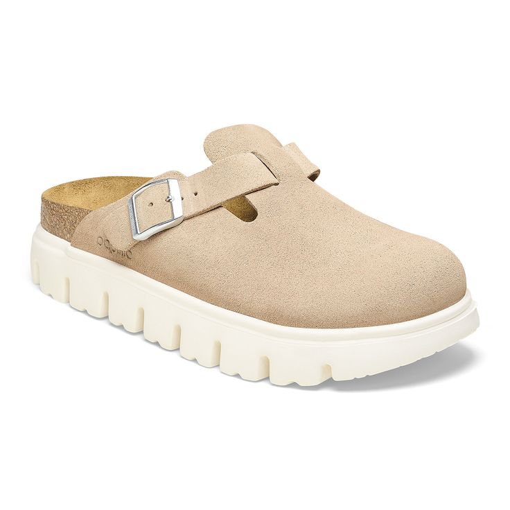 SIZE 6-6.5 or 36   Boston Chunky Suede Leather Warm Sand | BIRKENSTOCK Birkenstock Styles, Boston Clogs, Birkenstock Women, Platform Clogs, Calf Muscles, Birkenstock Boston, Iconic Design, Shoe Insoles, Eva Sole