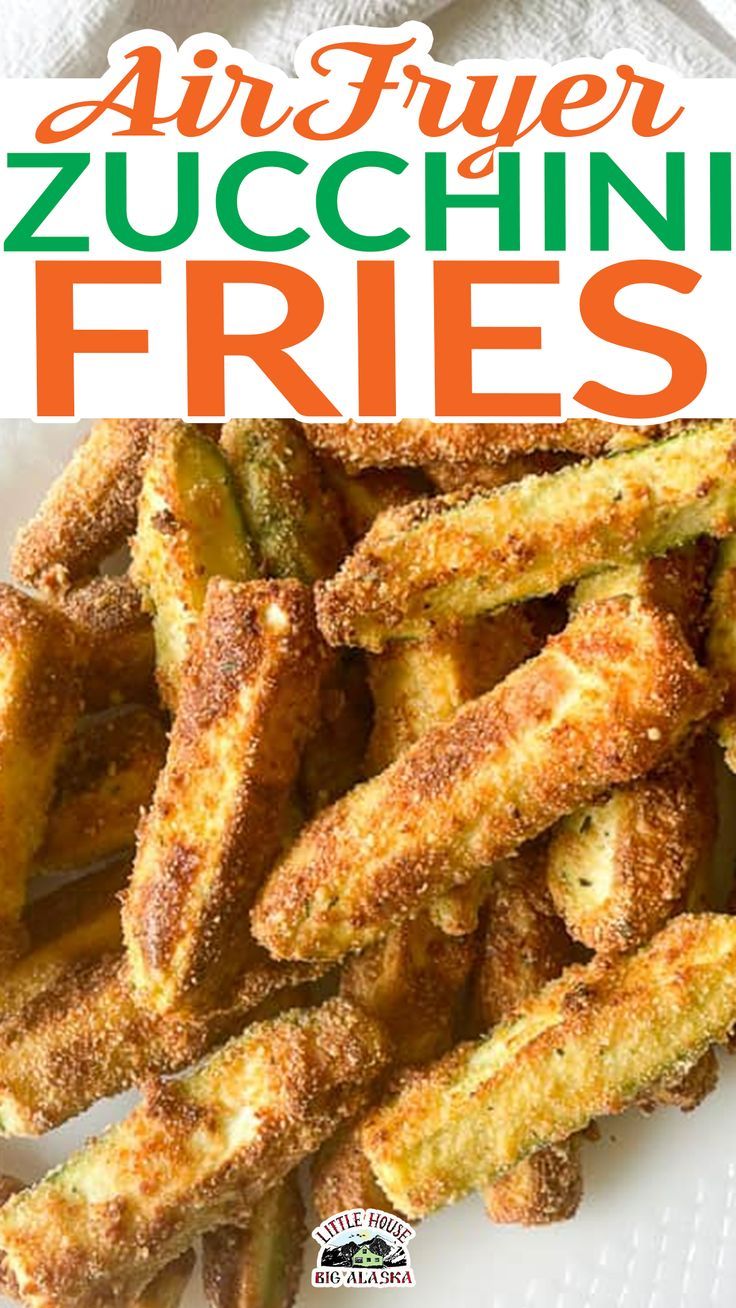 air fryer zucchini fries on a white plate with the title above it