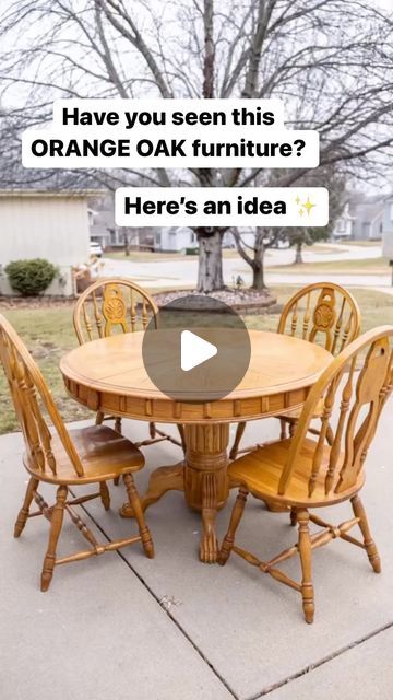 an orange oak table with six chairs on it and the words have you seen this orange oak furniture? here's an idea