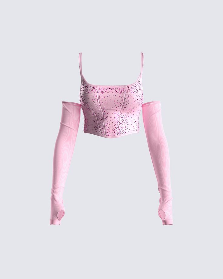 Shimmer your way to the center of attention in this pink rhinestone corset top 💖 Crafted from a combo of suiting fabric and mesh, it's topped off with a corset bodice, separate mesh sleeves, and boning - get ready to slay 💅 Pink Sparkly Top, Rhinestone Corset Top, Rhinestone Corset, Pink Sparkly Dress, Pink Mesh Top, Drag Queen Outfits, Satin Corset Top, Pink Corset, Bodice Top