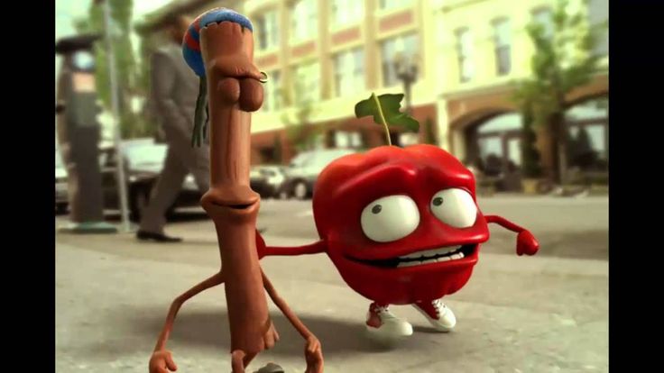 a cartoon character is walking down the street with an apple on his head and arm