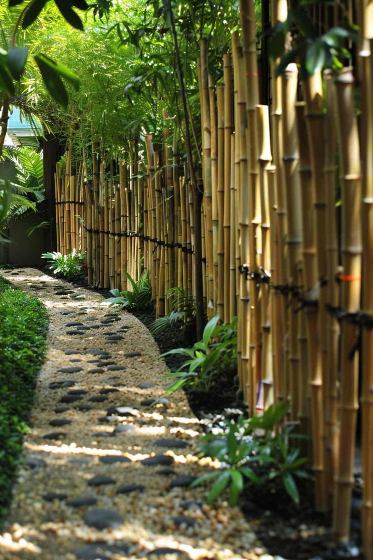 27 Beautiful Garden Edging Designs to Enhance Your Landscape Garden Partition Ideas, Low Garden Fence, Fence Landscape Ideas, Unique Garden Edging Ideas, Bamboo Garden Ideas, Creative Borders, Bamboo Garden Fences, Bamboo Landscape, Backyard Resort