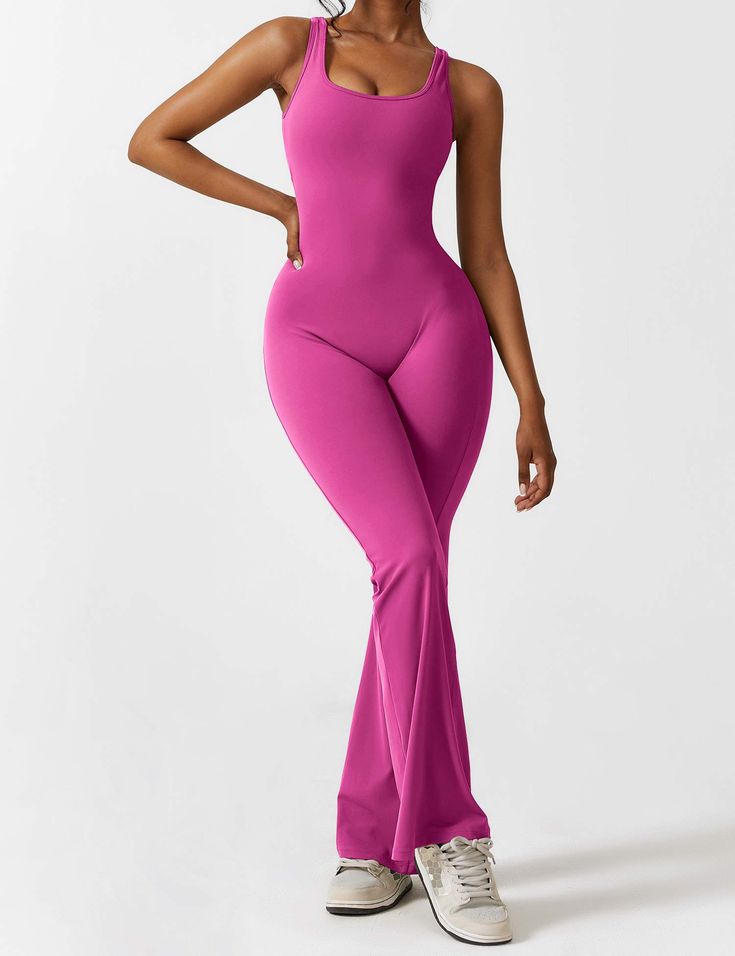 Elevate your style with the chic Lizvette Jumpsuit! This stunning piece features a daring deep V-cut back and flattering pleats that enhance your curves for that perfect peach-like silhouette. Its flared design elongates your legs, making it ideal for yoga, workouts, or effortless everyday wear.   Feature     Open back  Deep V and scrunch butt  Vintage flared pants  Removable cup pads  Anti-squat, compression  Moisture wicking fabric  Butter-soft, skin-friendly  31.5-inch inseam     Fabric    78 Chic High Stretch Backless Bodysuit, Pink Stretch Backless Bodysuit, Pink Stretch Jumpsuits And Rompers For Evening, Backless Stretch Pink Bodysuit, Sleek Stretch Summer Jumpsuits And Rompers, Sleek Sleeveless High-stretch Jumpsuits And Rompers, Fitted Jumpsuits And Rompers With Back Opening, Sleek Stretch Jumpsuits And Rompers For Summer, Fitted Jumpsuits With Back Opening