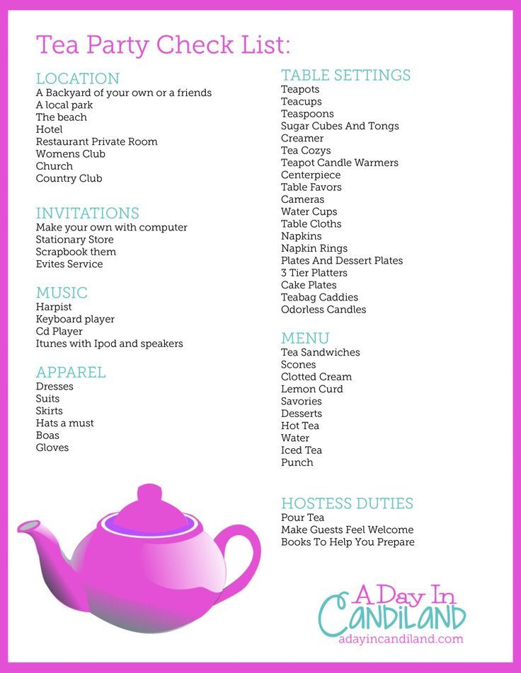 a pink tea party check list is shown