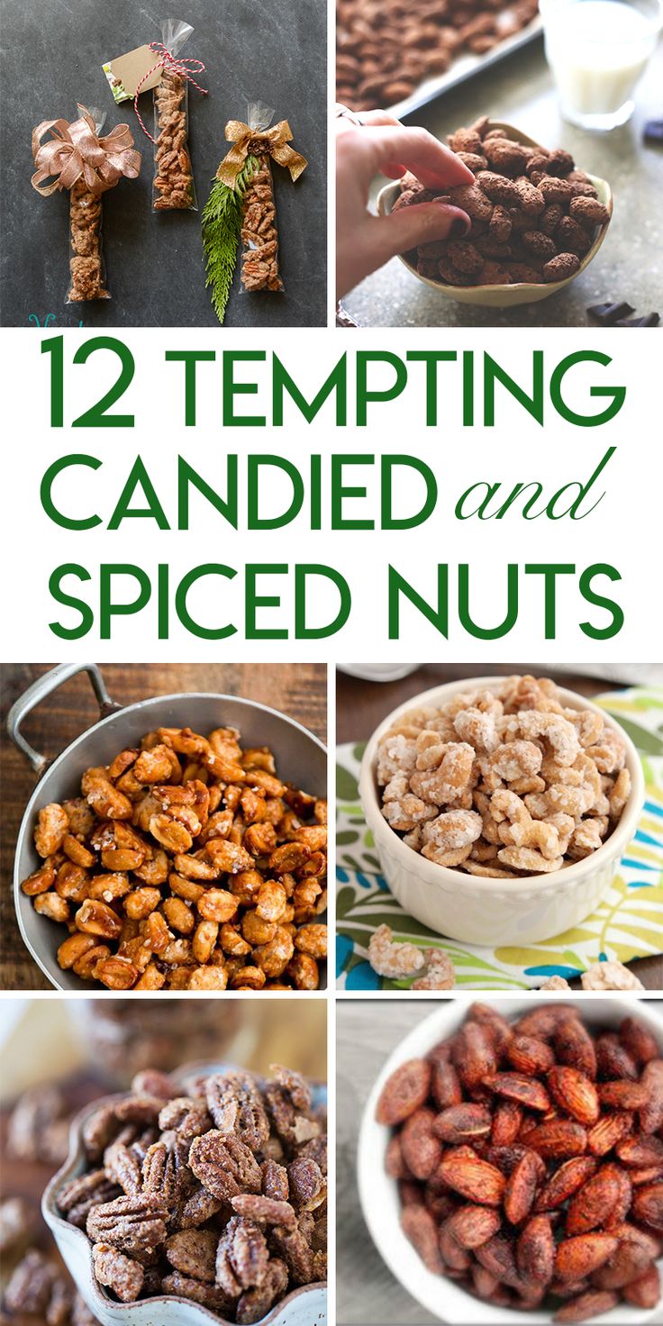 twelve pictures with different types of candies and nuts in them, including almonds, peanuts