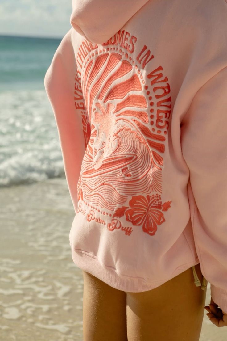 "Everything Comes in Waves" Oversized Hoodie in Pink – Pink Palm Puff Pink Pom Puff Hoodie, Pink Palm Puff Hoodie Outfit, Pink Plam Puff Hoodies, Pink Palm Puff Hoodie, Aesthetic Jumpers, Everything Comes In Waves, Dream Hoodie, Preppy Birthday, Summer Hoodies