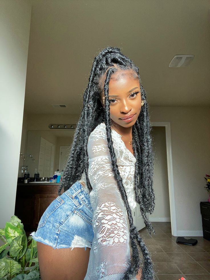 Distressed faux locs Faux Locs Soft, Faux Locs Big Parts, Distressed Soft Locs Hairstyles, Distressed Faux Locs Hairstyles, Foe Locs, Distressed Faux Locs Styles, Distressed Locs Styles, Thick Faux Locs, Soft Distressed Locs