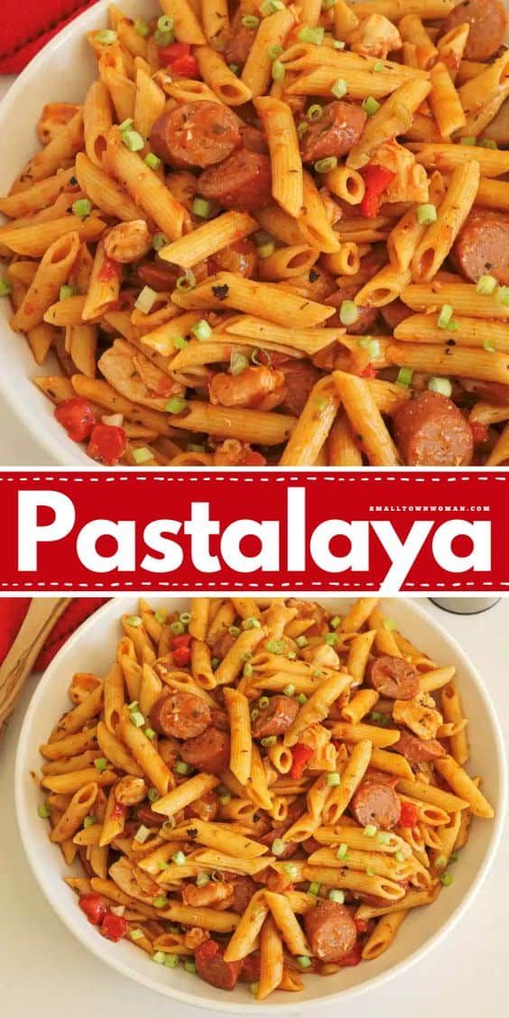 pasta with sausage and peas in a white bowl next to a red sign that says pastalaya