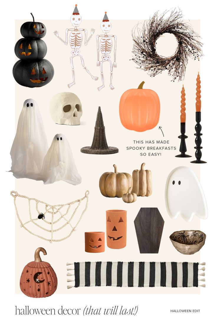 an assortment of halloween decorations including pumpkins, ghost heads and other items on a white background