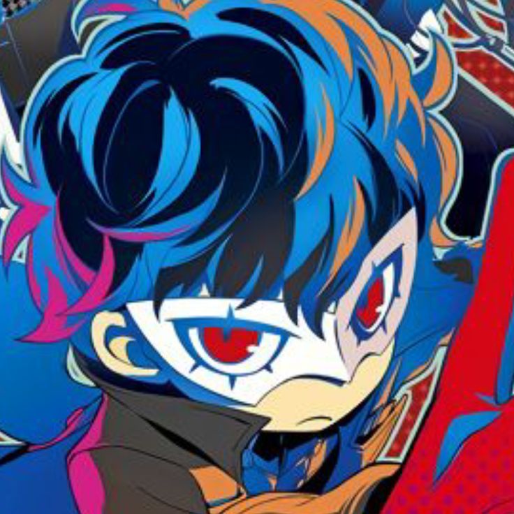 an anime character with blue hair and red eyes