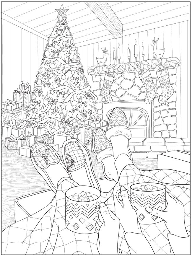 a coloring page with two people in front of a christmas tree and stockings on the floor