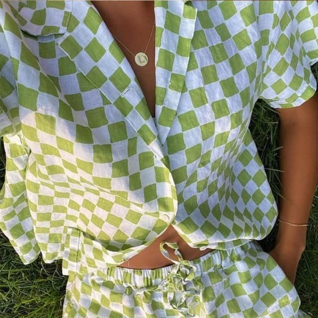 Green Checkered Shirt, Lounge Wear Shorts, Lounge Wear Summer, Green Two Piece, Summer Plaid, Stripe Long Sleeve, Women Shorts, Orange Plaid, White Shoes Women